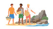 © For - Three men stand on a sandy beach with large rocks, carrying woven bags and wearing summer casual attire under bright, warm sunlight rays.