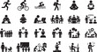 © Monivara Creations - Professional black vector graphic icon set displaying diverse human activities and lifestyle concepts for modern web design and interface projects