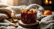 © Rina - Glass mug of warm mulled wine with orange slices and spices on a wooden coaster with a cozy knit blanket and candles
