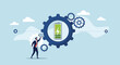 © Shakil - Determined businessman carrying a battery with energy icons towards large gears to power business innovation and project success.