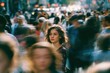 © PetrovMedia - Young woman standing still in a blurred city crowd, urban solitude, pensive mood
