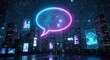 © Image Shop - Neon speech bubble floating above a futuristic city skyline at night with futuristic
