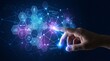 © val - Human hand pressing a glowing node on a decentralized finance and fintech network with Ethereum, cloud, and hexagonal data icons on dark blue background.