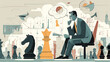 © Pug - A thoughtful businessman sits in front of a chessboard considering strategies