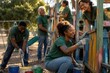 © Rufino - Sunlit park where volunteers paint playground equipment