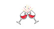 © Monika - Celebration icon of two wine glasses clinking together with red wine inside and decorative stars for a festive toast or party.