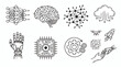 © peno - Set of hand drawn artificial intelligence illustrations. Clean doodle drawings of neural networks, robotic hands, microchips, connected nodes, automation symbols, digital brains, and futuristic techno
