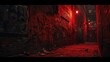 © Nia - Mysterious abandoned corridor with red emergency lighting and overgrown roots in dark interior