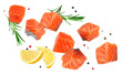 © New Africa - Salmon pieces, lemon, rosemary and peppercorns flying in air on transparent background