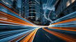© Olga Ко - Estelas de luz en movimiento a lo largo de una carretera curva en una ciudad moderna por la noche. Concepto de velocidad, tecnología futurista y tráfico urbano.