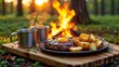 © IgorImageDoc - plate food wooden cutting board forest plate filled steak potatoes fried egg next plate stainless steel mug steam rising background blurred appears wooded area trees greenery fire burning brightly