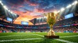 © H & F - Golden champions cup on soccer field corner line inside packed sports stadium at sunset background