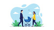 © Husainun - Happy Young Parents Walking with Blue Baby Stroller in Park ideal for parenting blogs, family insurance advertisements, and childcare services.