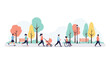 © Kirmani - Diverse People in Public Park flat vector illustration of joggers, a mother with a stroller, and a person in a wheelchair on a park path ideal for urban planning and inclusive society.