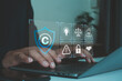 © MUNTHITA - Copyright protection and intellectual property security concept. Digital shield, legal compliance icon, cybersecurity, copyright law, data protection, online security, license, risk management.