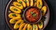 © Welaine - A vibrant platter showcases perfectly fried plantains arranged around a bowl of rich, flavorful pepper sauce, garnished with fresh green herbs.