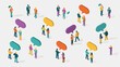 © Delos - Multiple isometric figures stand in pairs and small groups while engaging in active dialogue beneath floating colorful speech bubbles everywhere.