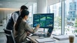 © Lee - Colleagues reviewing ESG portfolio performance dashboard on large screen, discussing sustainable investment strategies and financial growth in bright office.