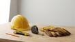 © Wilden - Carpentry tools and safety helmet on wooden board for woodworking and home improvement concept. copy space