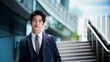 © Maika - スーツを着て屋外で正面を見てほほ笑むハンサムな若い日本人男性会社員・ビジネスマンのポートレート。コピースペースあり