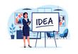 © Amie - Flat style vector illustration of a businesswoman presenting a creative idea on a whiteboard in a modern office, symbolizing innovation, brainstorming, leadership, and strategic planning