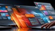 © Oulaphone - A futuristic laptop displaying dynamic, layered digital interfaces with code and data visuals, highlighting advanced technology and software development.