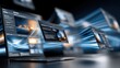© Oulaphone - Multiple laptop screens with digital windows and data streams illustrate fast technology and information sharing in a futuristic digital environment.