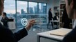 © Olivia - Business team discussing AI generated content copyright and intellectual property rights using transparent digital display in modern office environment