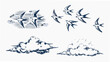 © SayanKumar - A collection of flying swallows and stylized clouds depicted in a vintage style vector illustration avian life birds blue toned cloud formation digital artwork engraving style