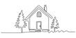 © Single Outline  - A single continuous line drawing of a small cozy house surrounded by two evergreen pine trees created in a minimalist vector style for modern home design Vector, illustration