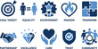 © Emongrapic - Set of icons embodying company values goal target equality achievement passion teamwork partnership excellence trust.