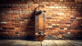 Close up of a retro skateboard leaning against a brick wall