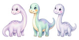 Cute Watercolor Baby Brontosaurus Dinosaurs Clipart Set