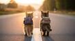 © Shakib - Two adorable kittens wearing backpacks walking down a scenic road during sunset