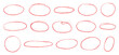 © Solayman - Hand drawn red crayon ovals and circles set.  Ellipse pencil doodle style collection, rough thin round frames, freehand highlight shapes, annotation marks, vector elements for diagrams.