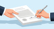 © Halima - Close up of two hands exchanging a multi-page business contract for signing with a silver pen on a light blue background.