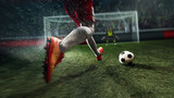 Soccer attacker running toward goal with red cleats and ball. Concept of goal scoring ads, academy training pages, sports gear banners, club promo, and match day design.