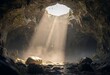 © Yanuar - Sunlight Streaming Through Ceiling Hole in Massive Cave with Stalactites and Stalagmites