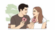 © acil - Couple sharing donuts on a park bench, smiling at each other