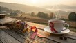 © Shaumil - Red Ribbon Beside Steaming Tea Cup on Wooden Table Outdoors