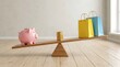 © Pixels Stock - Piggy bank standing on one side of wooden balance scale opposite to golden coins and shopping bags on bright background representing savings and consumption.