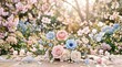 © Game - Soft pink and blue floral spring background with delicate paper flowers and gentle sunlight, elegant springtime scene