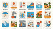 © hum lab - Climate change icons set, global warming and environmental crisis vector illustrations, 18 ecological disaster symbols for educational infographics