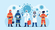 © Liza - Frontline workers in protective suits and uniforms standing together against a background of stylized virus particles.