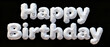© freesho - White inflatable balloon typography text spelling Happy Birthday with cute smiley faces isolated on clean solid black background for personal celebration greeting.