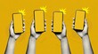 © studio - Hands holding smartphones against a bright yellow background