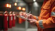 © Golf - Worker in orange jumpsuit checks fire extinguishers on clipboard