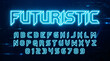 © Iconify Studio - Futuristic neon blue font set, glowing sci-fi alphabet and numbers, digital tech typeface for gaming and cinematic titles, electric light typography