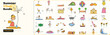 © Shkr - Collection of colorful hand drawn stick figure summer vacation icons featuring various fun beach activities
