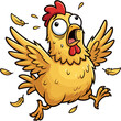 © maultk - A cartoon chicken runs quickly with feathers flying around it.